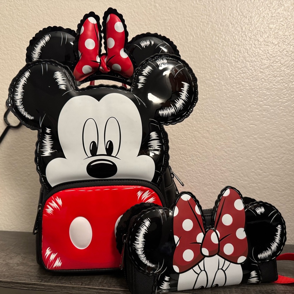 Loungefly Mickey and Minnie Mouse Balloons backpack, wallet and ears
